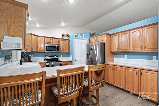 kitchen featuring sink, light colored carpet, vaulted ceiling, appliances with stainless steel finishes, and kitchen peninsula