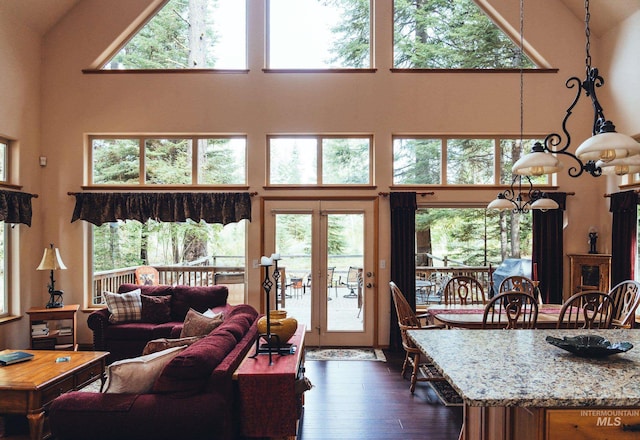 1013 Penstemen Pl, Mccall, ID 83638 - living room featuring a towering ceiling, healthy amount of natural light, and dark wood-style floors