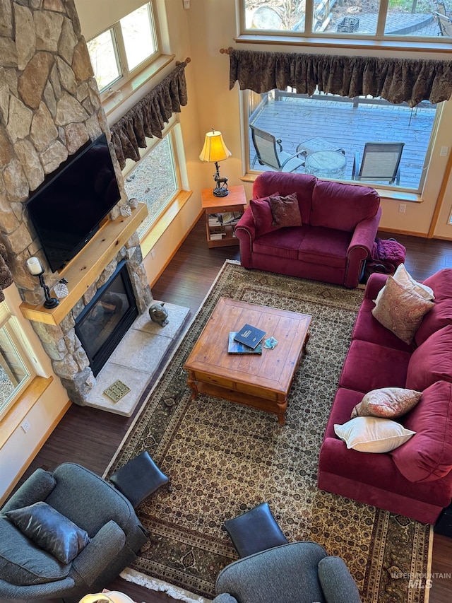 1013 Penstemen Pl, Mccall, ID 83638 - living room with a stone fireplace, wood finished floors, and baseboards