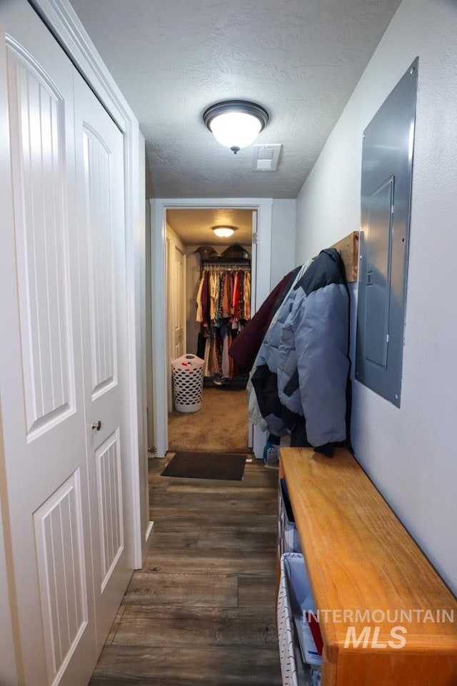 hallway with dark wood-type flooring and electric panel