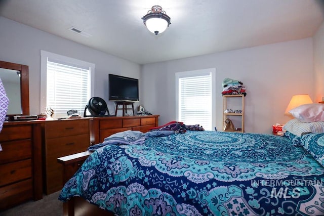 carpeted bedroom featuring visible vents and multiple windows
