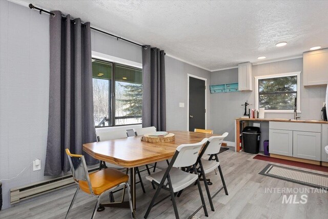 186 Phillips Creek Ln, Fairfield, ID 83327 - dining space featuring a textured ceiling, light wood-style flooring, a baseboard radiator, recessed lighting, and crown molding