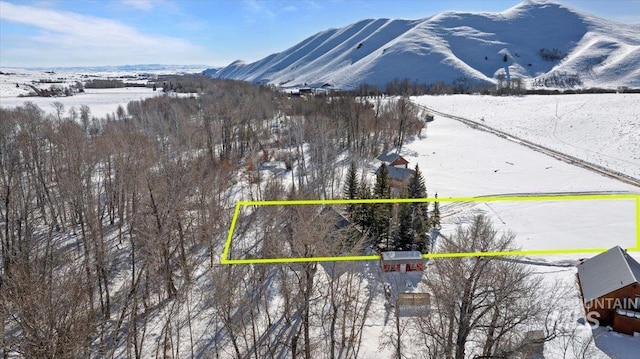 186 Phillips Creek Ln, Fairfield, ID 83327 - snowy aerial view with a mountain view and property parcel outlined