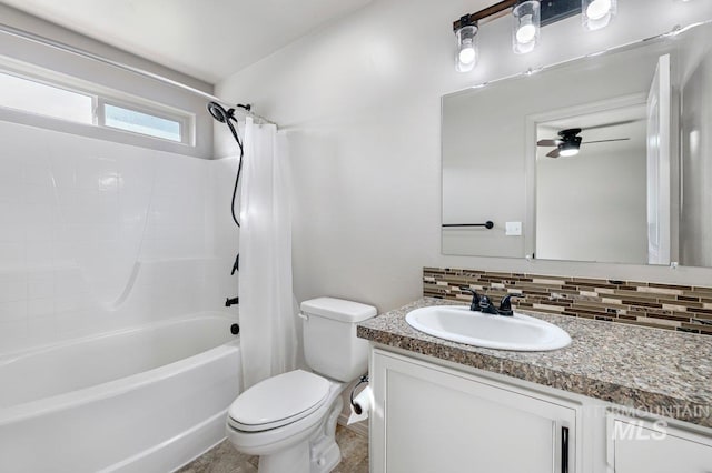 1022 S Date St, Jerome, ID 83338 - full bathroom featuring shower / bath combo, vanity, tasteful backsplash, and a ceiling fan