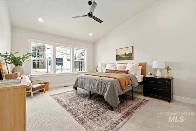 7680 W Old School St, Meridian, ID 83646 - bedroom with light colored carpet, vaulted ceiling, baseboards, recessed lighting, and ceiling fan