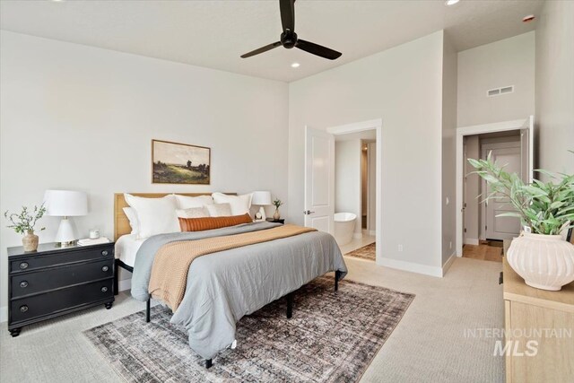 7680 W Old School St, Meridian, ID 83646 - carpeted bedroom featuring baseboards, ensuite bath, recessed lighting, and a ceiling fan