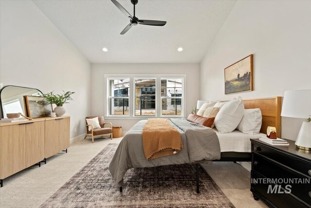 7680 W Old School St, Meridian, ID 83646 - bedroom featuring light carpet, lofted ceiling, recessed lighting, a ceiling fan, and baseboards