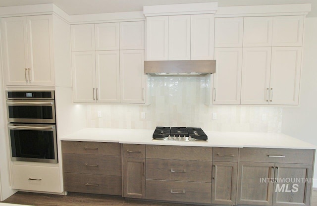 kitchen featuring stainless steel appliances, light countertops, under cabinet range hood, and tasteful backsplash