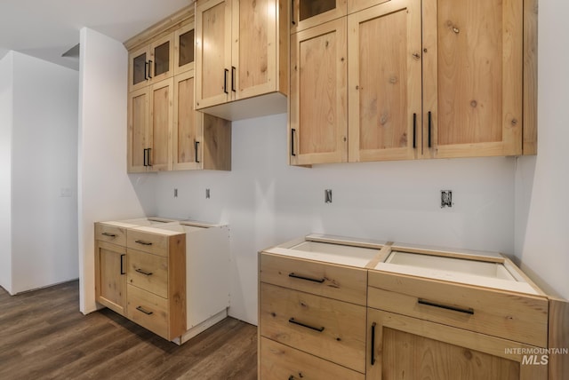 1012 23rd Ave E, Jerome, ID 83338 - kitchen with light brown cabinetry, glass insert cabinets, and dark wood-style floors