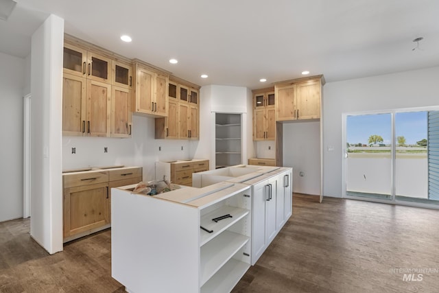 1012 23rd Ave E, Jerome, ID 83338 - kitchen with a center island, open shelves, dark wood-style floors, glass insert cabinets, and recessed lighting