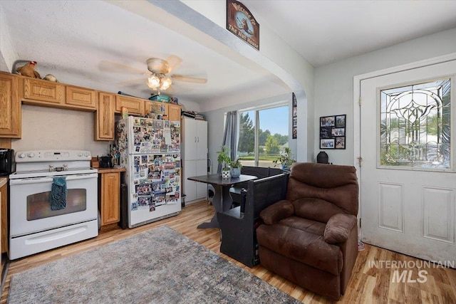 722 Nevada St, Gooding, ID 83330 - kitchen featuring white appliances, arched walkways, light wood finished floors, and a ceiling fan