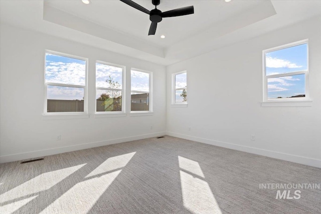 carpeted spare room with ceiling fan and a raised ceiling