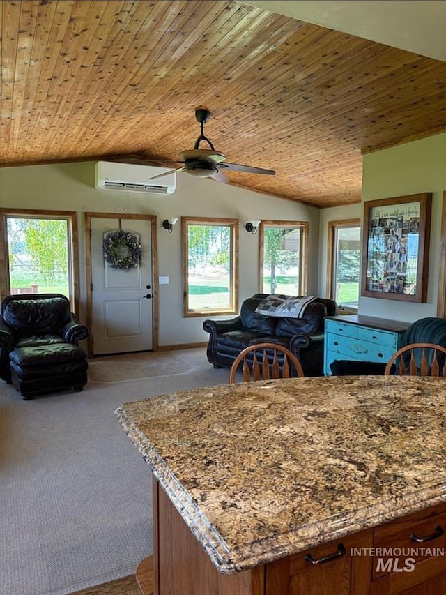 kitchen featuring lofted ceiling, wood ceiling, ceiling fan, a wall mounted AC, and light colored carpet