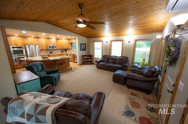 living room featuring light tile patterned flooring, wooden ceiling, ceiling fan, and lofted ceiling