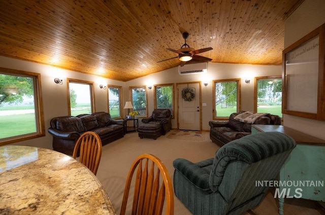 living room with wood ceiling, an AC wall unit, ceiling fan, and lofted ceiling