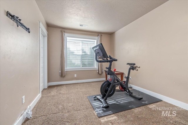 exercise room with carpet floors, a textured ceiling, visible vents, and baseboards