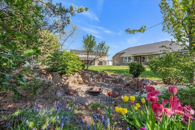 view of yard with an outdoor fire pit