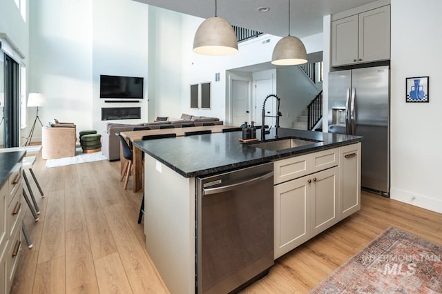 1047 Kaitlyn Loop, Mccall, ID 83638 - kitchen featuring stainless steel appliances, a sink, light wood-style flooring, a high ceiling, and an island with sink