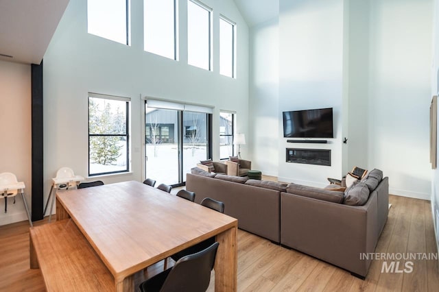 1047 Kaitlyn Loop, Mccall, ID 83638 - living room with a towering ceiling, light wood-type flooring, and baseboards