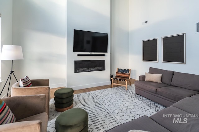 1047 Kaitlyn Loop, Mccall, ID 83638 - living area featuring wood finished floors, a glass covered fireplace, baseboards, and a high ceiling