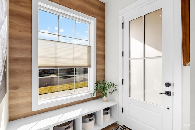 mudroom with wood walls