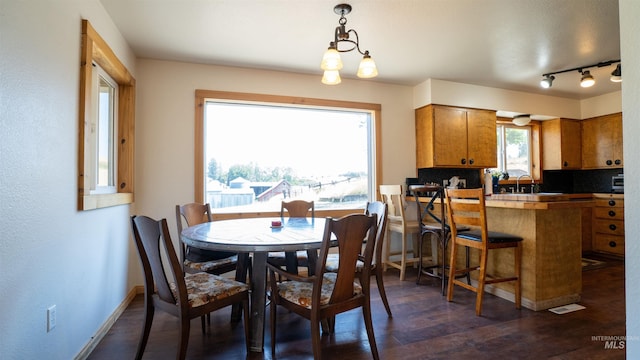 dining area featuring track lighting, baseboards, and dark wood-type flooring