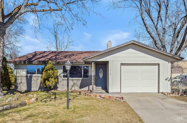 single story home with a garage, driveway, a chimney, and a front lawn