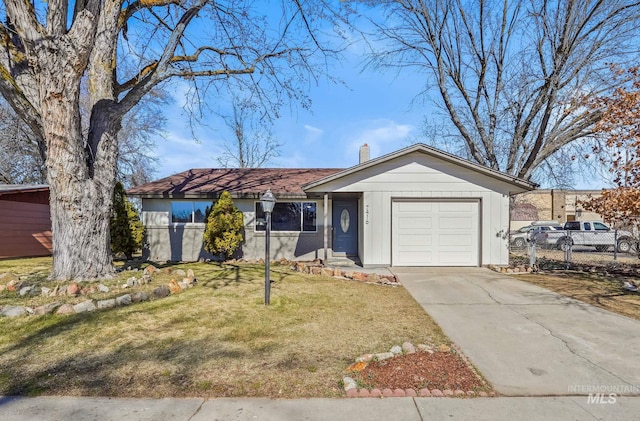 ranch-style home with concrete driveway, a chimney, an attached garage, fence, and a front lawn