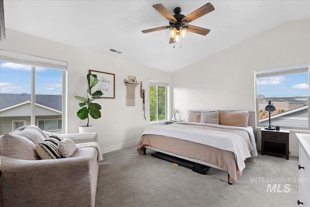 1041 White Horse Ridge Dr, Middleton, ID 83644 - bedroom with lofted ceiling, baseboards, light colored carpet, and ceiling fan