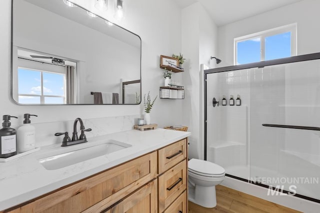 5251 Hidden Hollow Ln, Emmett, ID 83617 - full bath with a shower stall, vanity, and wood finished floors