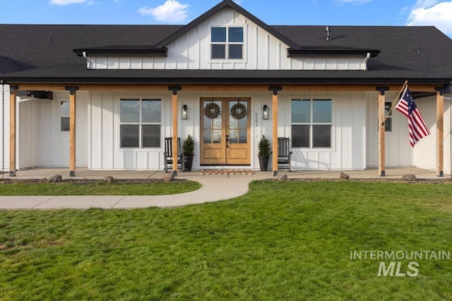 5251 Hidden Hollow Ln, Emmett, ID 83617 - modern inspired farmhouse featuring board and batten siding, french doors, and a front lawn