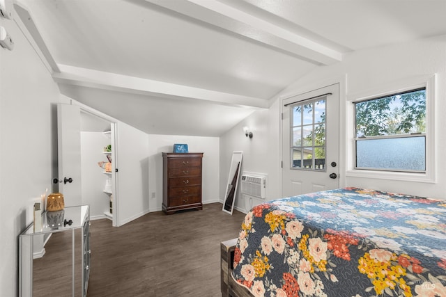 bedroom with dark wood-type flooring, a wall mounted AC, and vaulted ceiling with beams