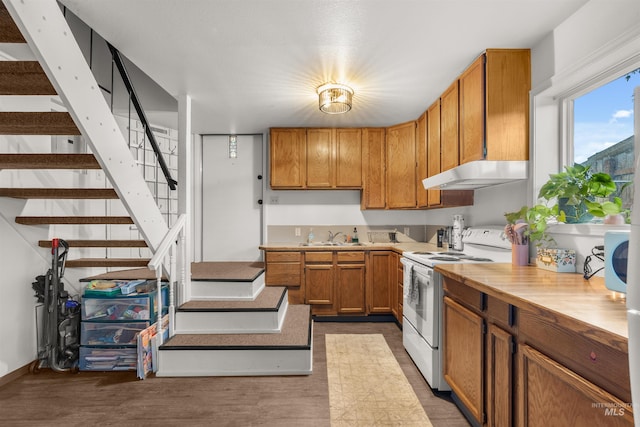 kitchen with white electric stove, dark wood-type flooring, and sink