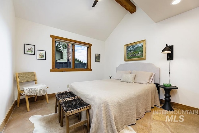 bedroom featuring recessed lighting, beamed ceiling, ceiling fan, and baseboards