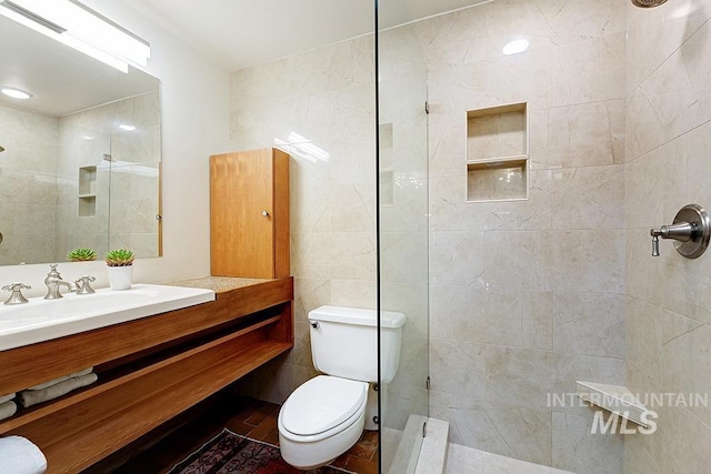 full bath featuring vanity, tile walls, toilet, and walk in shower