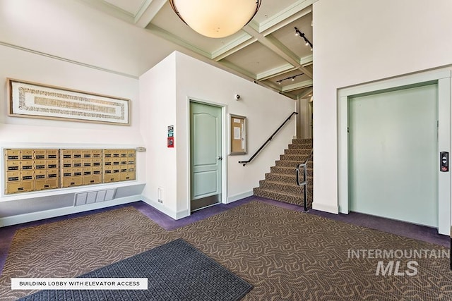 interior space featuring dark colored carpet, baseboards, stairway, beamed ceiling, and coffered ceiling