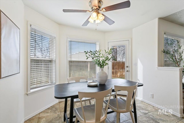 dining space featuring baseboards and ceiling fan