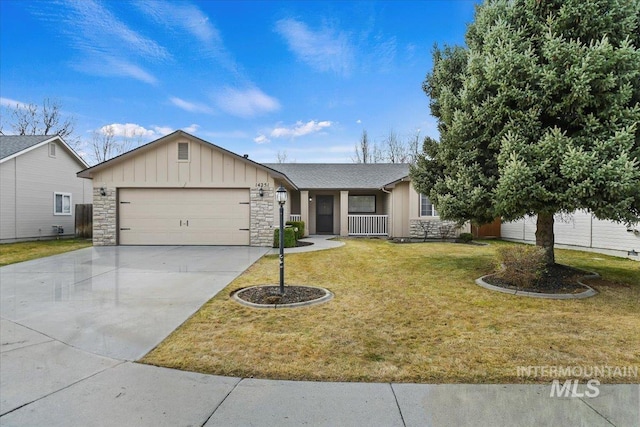 single story home with a front yard, driveway, stone siding, a garage, and board and batten siding