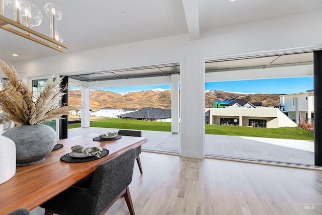 dining area featuring a healthy amount of sunlight, beamed ceiling, and wood finished floors