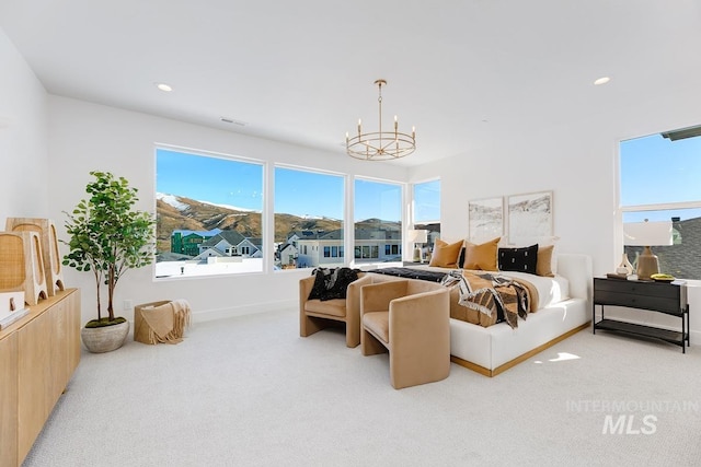 bedroom with recessed lighting, visible vents, an inviting chandelier, light carpet, and baseboards