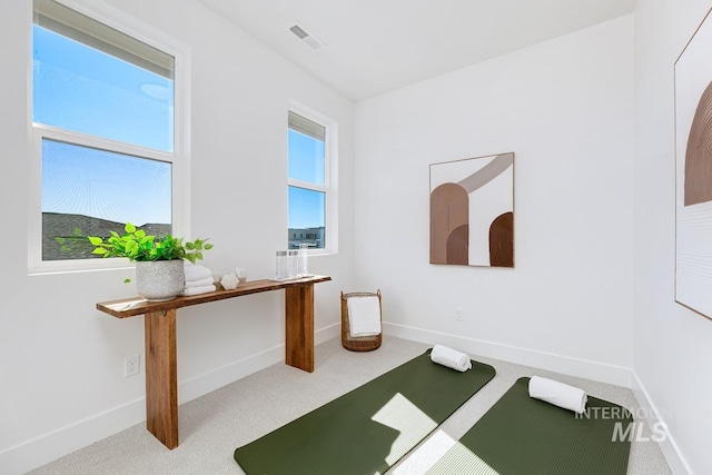 office featuring carpet floors, plenty of natural light, visible vents, and baseboards