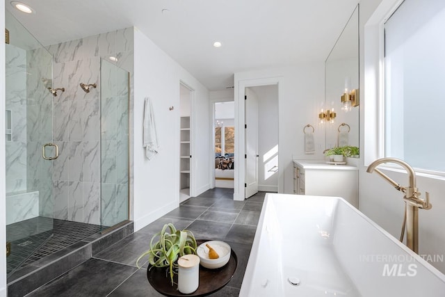 full bath with recessed lighting, a freestanding tub, baseboards, and a marble finish shower