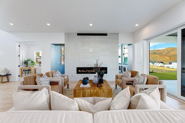 living area featuring recessed lighting, a fireplace, and light wood finished floors