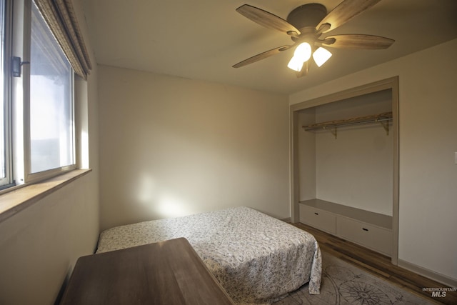 104 Friendship Ln, Council, ID 83612 - bedroom featuring wood finished floors, ceiling fan, and a closet