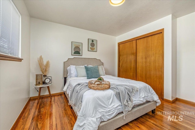 bedroom with hardwood / wood-style floors and a closet