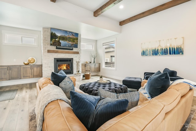 1112 Mos Way, Mccall, ID 83638 - living room featuring wood-type flooring, beamed ceiling, healthy amount of natural light, a fireplace, and recessed lighting