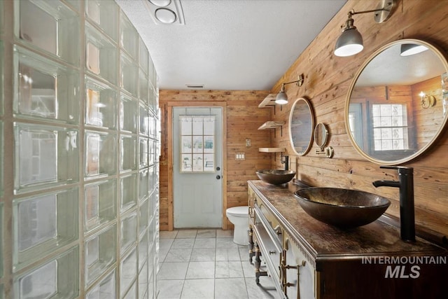 12091 Long St, Middleton, ID 83644 - bathroom featuring healthy amount of natural light, wooden walls, toilet, double vanity, and a textured ceiling