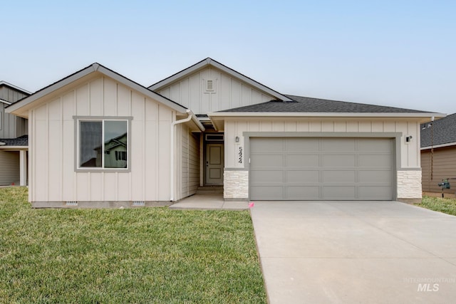 5424 S Memory Pl, Meridian, ID 83642 - view of front facade featuring a garage, a shingled roof, board and batten siding, a front yard, and driveway