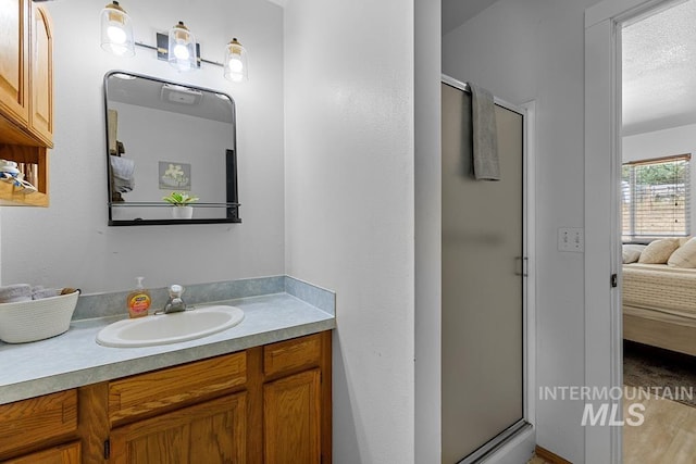 bathroom featuring walk in shower and vanity