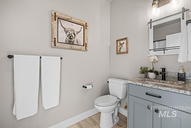 bathroom featuring vanity, toilet, wood finished floors, and baseboards